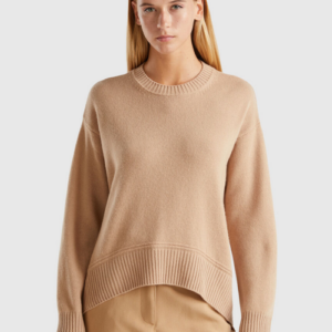 Boxy Fit Sweater in Wool Blend in Camel